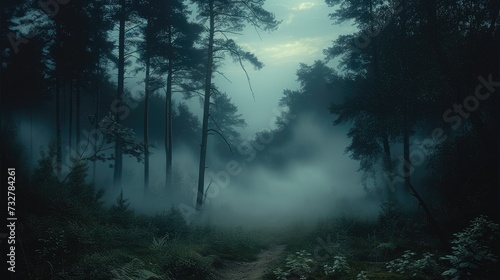 Dark forest with misty. Generative AI.