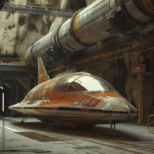 Futuristic Spaceship Docked in a Space Hangar