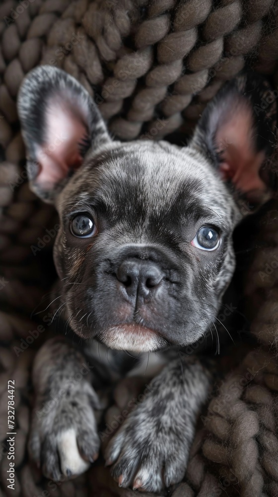 Close up portrait of gray French Bulldog puppy with alert ears and soulful eyes, nestled on chunky knit blanket	
