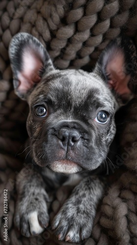 Close up portrait of gray French Bulldog puppy with alert ears and soulful eyes, nestled on chunky knit blanket 