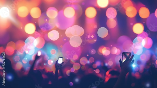 Light Show And Silhouette hands of audience crowd people use smart phones enjoying the club party with concert. Blurry night club DJ party people enjoy of music dancing sound.Abstract Background.