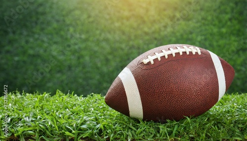 leather american football ball on green grass space for text