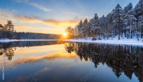 beautiful landscape of a forest lake with the reflection of the forest in the water sunset in the winter season