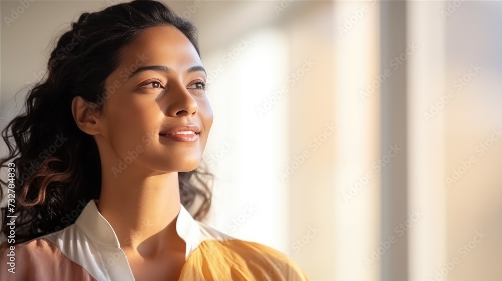 Radiant Woman Smiling in Sunlit Room, Elegance and Positivity.