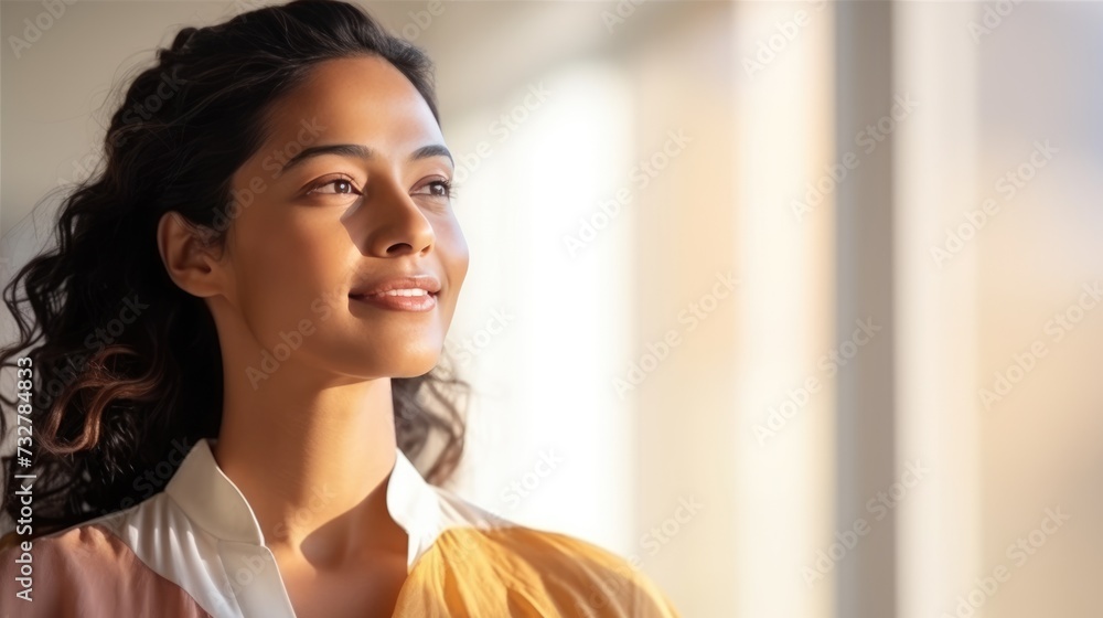 Radiant Woman Smiling in Sunlit Room, Elegance and Positivity. Radiant Woman Smiling in Sunlit Room, Elegance and Positivity.