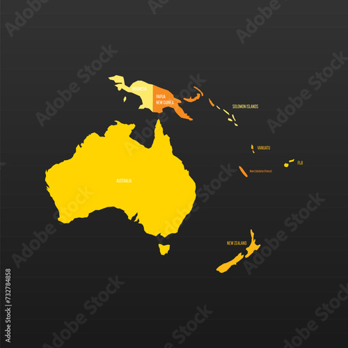 Political map of Australia. Yellow colored land with country name labels on dark gray background. Ortographic projection. Vector illustration