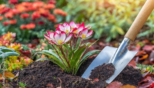 shovel adding soil around newly planted perennial gillenia stipulata in fall color photo