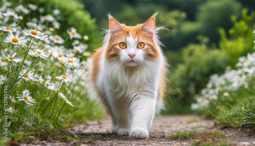 white and orange cat with long fur walking towards the camera on a dirt path with a background of white flowers and greenery