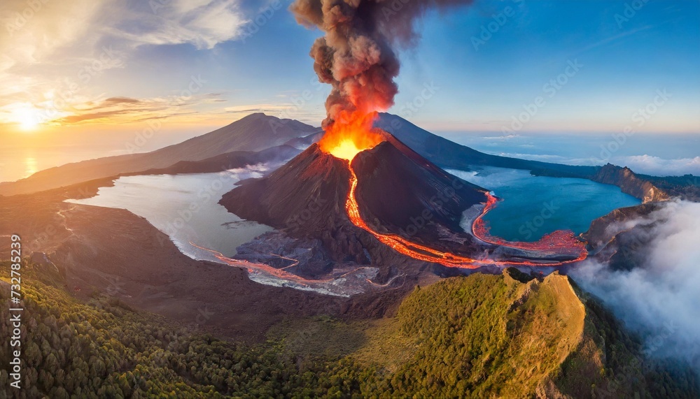 aerial panoramic view of volcano eruption