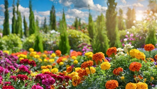 bright beautiful flower garden with tagetes and different flowers on a sunny day photo