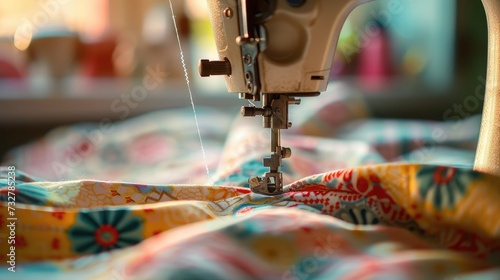 Sewing machine with fabric and thread, closeup