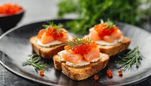 closeup of appetizers toast with salmon and lumpfish roe in a black plate