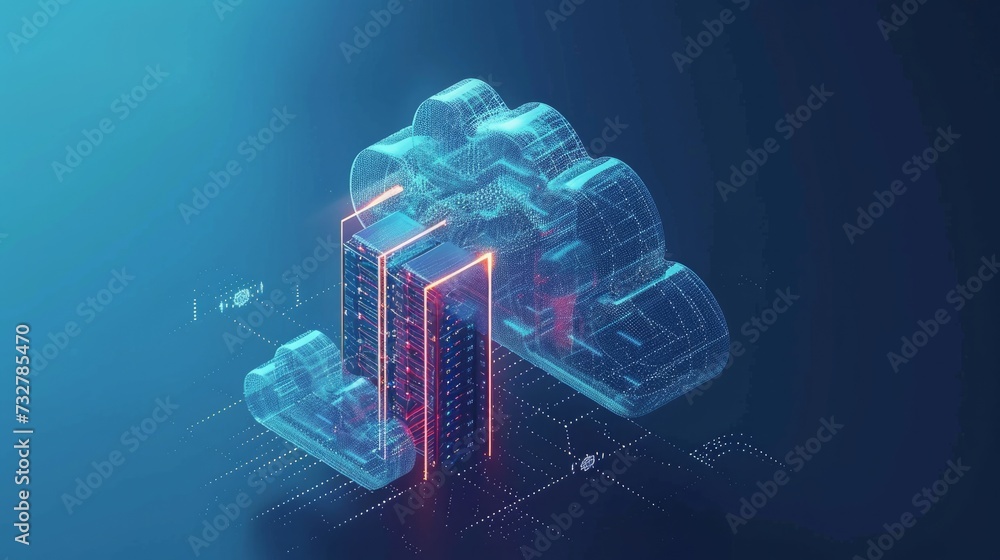 Isometric cloud storage for downloading, representing a digital service or application facilitating data transmission. It embodies network computing technologies, showcasing a futuristic server - obrazy, fototapety, plakaty 