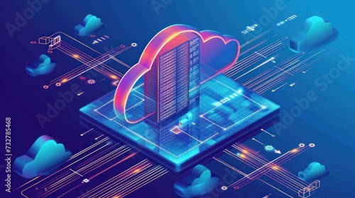 Isometric cloud storage for downloading, representing a digital service or application facilitating data transmission. It embodies network computing technologies, showcasing a futuristic server photo
