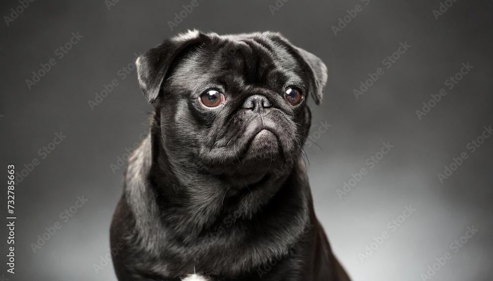 black pug dog on isolated on black grey background