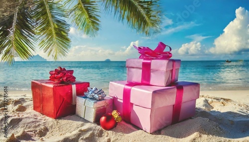 christmas gifts on a tropical coastline in pink color christmas holiday on the tropical beach background