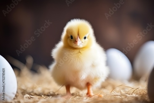 A baby chick is centered in the frame, surrounded by straw and soft shadows, with a hint of unhatched eggs in the background, conveying the start of life. photo