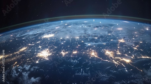 Technology enables global communication around Earth from space. It symbolizes internet, IoT, cyberspace, global business, innovation, big data science, digital finance and blockchain