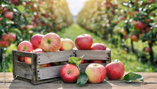 ripe organic apples in a wooden boxes on the background of an apple orchard