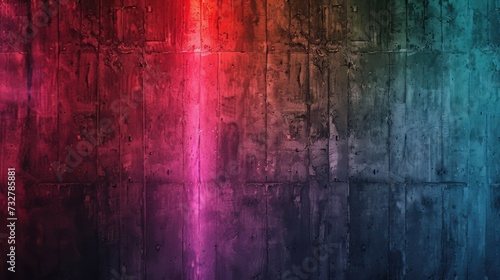 Dark textured concrete wall with laser neon lights. Abstract black grunge background with neon colors