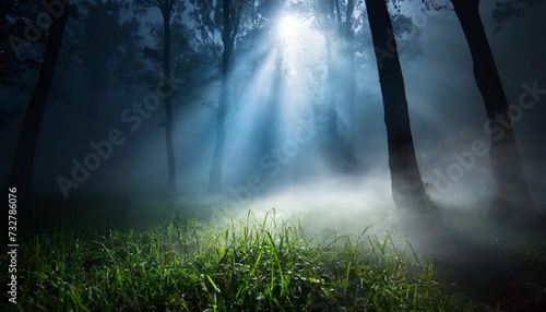 moonlight through the mist in the spooky night forest create a spotlight on the grass halloween backdrop