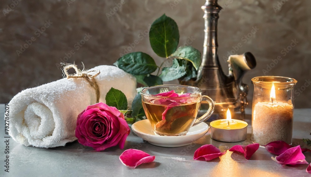 concept of natural organic flower herbal ingredients for spa treatment for relaxation and detox hot tea with rose extract petals for beauty procedures towel candles detention meditation banner