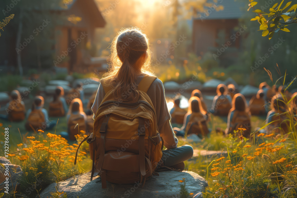 A teacher incorporating outdoor education, believing in experiential learning and nature's classroom. Concept of innovative teaching and outdoor learning. Generative Ai. A teacher incorporating outdoor education, believing in experiential learning and nature's classroom. Concept of innovative teaching and outdoor learning. Generative Ai.