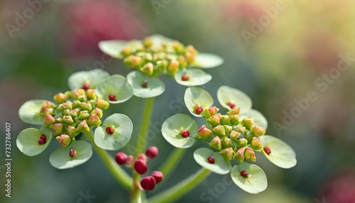 vertical closeup of the flowers of tiny tim martin s spurge euphorbia x martinii waleutiny