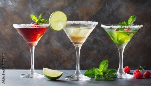 three classic cocktail glasses