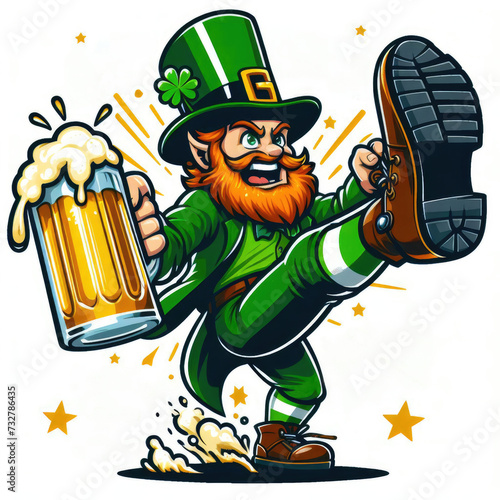 St patrick day leprechaun holding a beer, kicking his leg in the air.