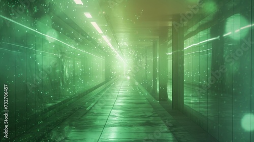 Empty corridor leading towards cyberspace with a virtual screen background in the metaverse, depicted through a double exposure technique