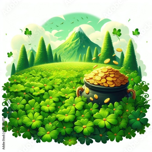 Pot of gold in a green filled valley of clovers. Irish themed saint patricks day illustration. photo