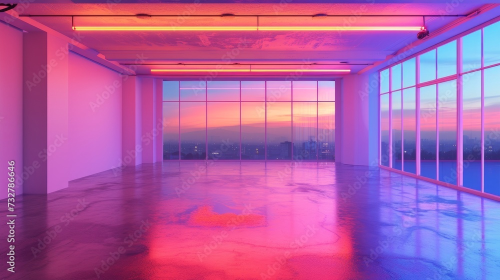An empty room illuminated with abstract neon lighting