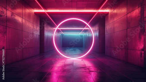 3D rendering illustration of an empty dark futuristic sci-fi hall room with illuminated lights and a circular neon light reflected on the surface