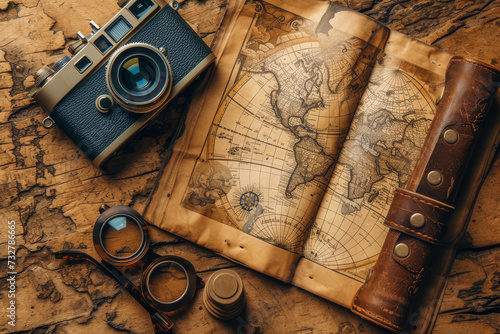 A traveler's flat lay with a passport, map, sunglasses, and a vintage camera. Concept of travel preparation and wanderlust. Generative Ai.