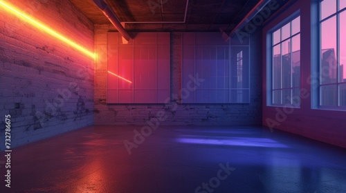 An empty room illuminated with abstract neon lighting