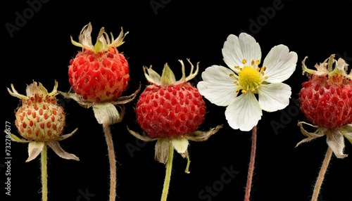 fragaria vesca wild strawberry woodland strawberry herbarium from dried blossoming flower arranged in a row photo
