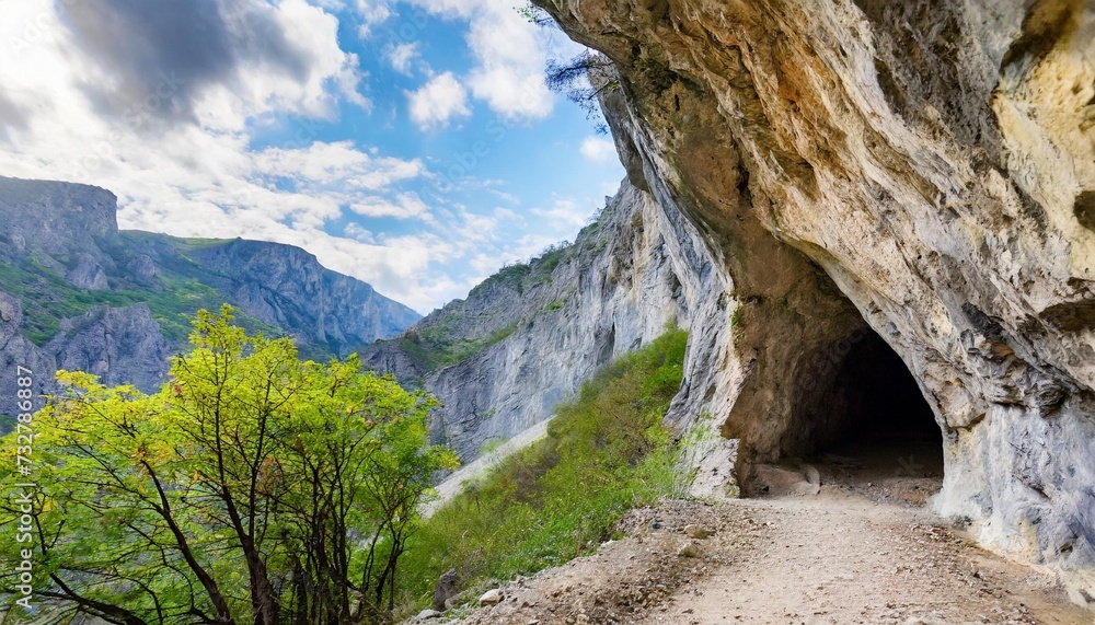 entrance to a mountain cave in a gorge on a mountainside with trees