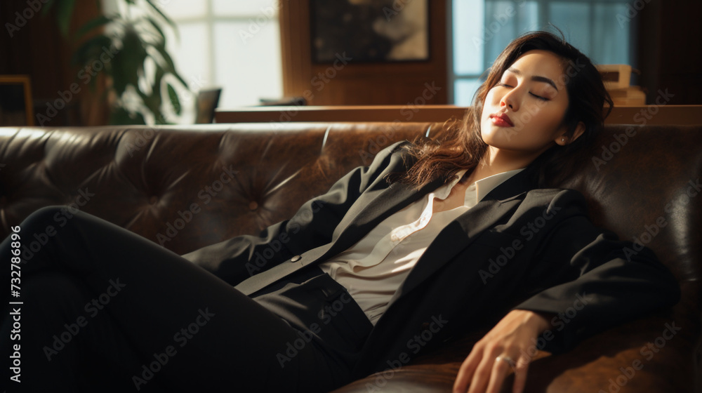 Fototapeta premium ソファで寝てしまうアジア人女性