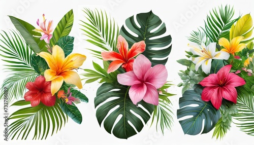 set tropical vector flowers card with floral illustration bouquet of flowers with exotic leaf isolated on white background composition for invitation to party or holiday