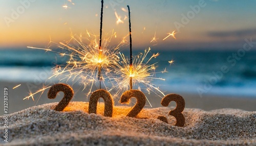 sylvester new year vacation holiday new year s eve 2024 party event celebration holiday greeting card closeup of sparkling sparklers stuck in sand on beach with ocean in teh background