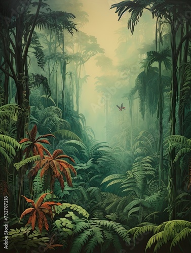Vintage Forest Wall Decor  Misty Rainforest Canopies - Jungle Art for Nature Enthusiasts