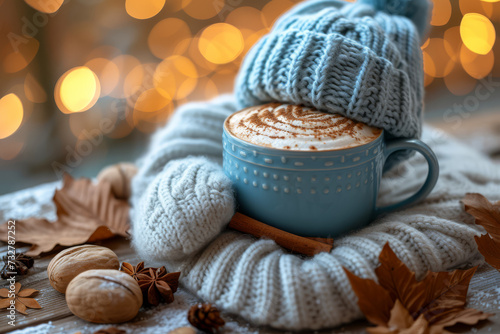 A cozy winter flat lay with mittens, hot cocoa, and a beanie on a wooden surface. Concept of winter comfort and warmth. Generative Ai.