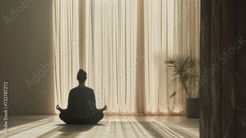 A calm and still person meditating in a minimalist interior