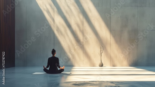 A calm and still person meditating in a minimalist interior