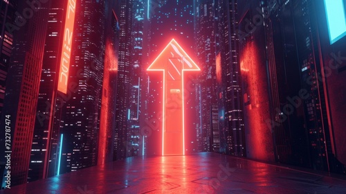 In the metaverse, a bright upward arrow forms on a door against a backdrop of a smart city