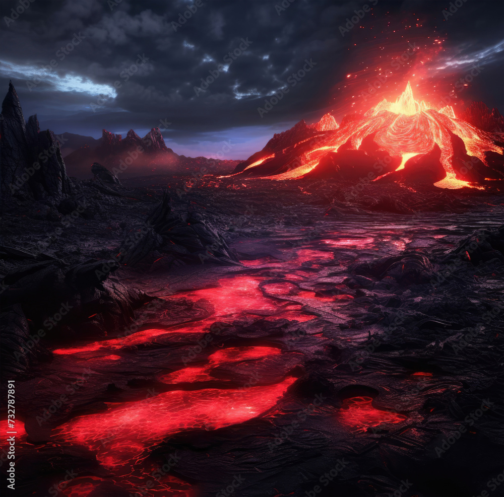 Volcanic eruption with lava flow in the dark