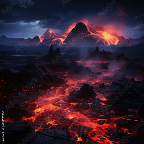 Volcanic eruption with lava flow in the dark