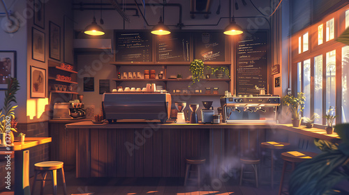 A cozy café scene with warm lighting and steaming cups of coffee, perfect for illustrating relaxation and community