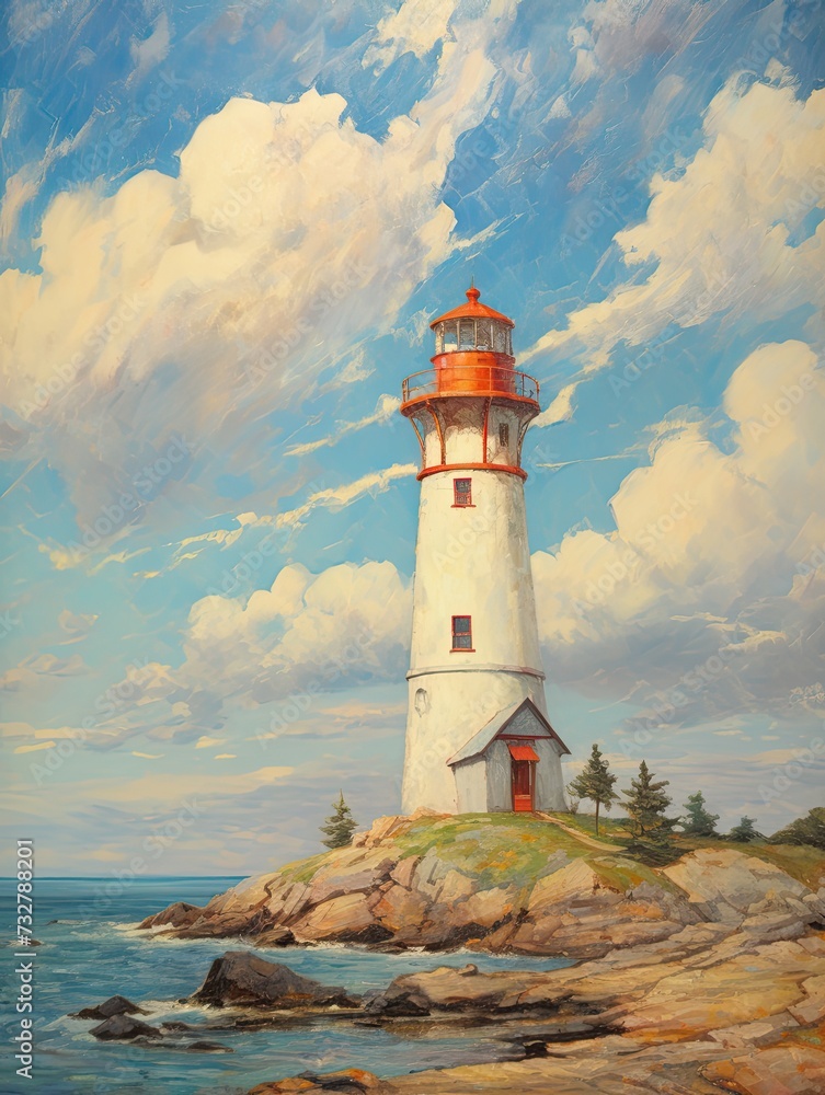 Vintage Lighthouse Landscape with Sky and Clouds Beach Art - Stunning Nautical Scene